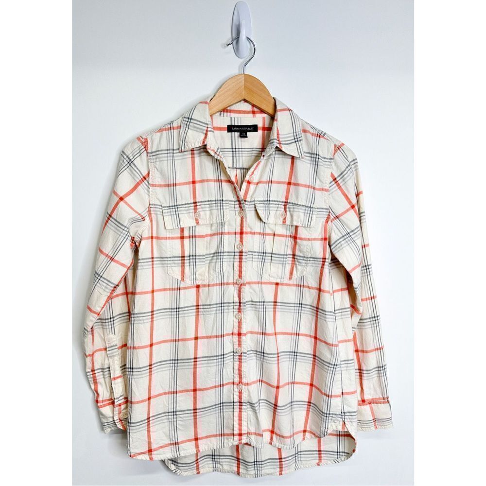 Banana Republic Shirt Womens XS Button Front Plaid Cream/Orange Long Sleeve